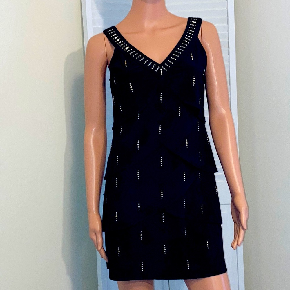 White House Black Market Womens XSP XS petite black tiered party dress with gold